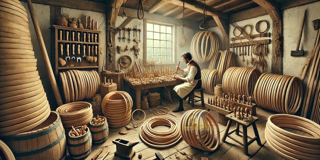 beroep hoepelmaker - historical hoopmaker at work, in workshop, 18th or 19th century